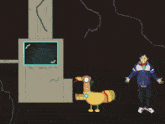a cartoon character is standing next to a machine and talking to it .