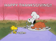 a cartoon of snoopy and woodstock sitting at a table eating a turkey with the words happy thanksgiving below them