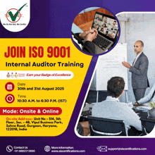 an advertisement for iso 9001 internal auditor training shows a man giving a presentation