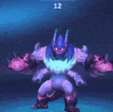 a purple monster with horns is standing in front of a blue background with a number 9 on it .