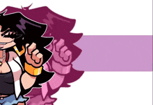 a cartoon drawing of a woman giving a thumbs up with a purple background