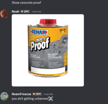 a can of tenax concrete proof is shown