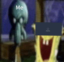 a picture of squidward from spongebob squarepants with a home screen in the foreground