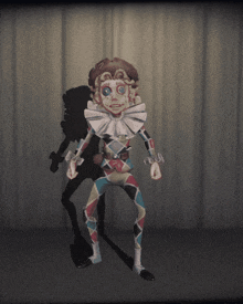 a clown is standing in front of a curtain with a shadow on the wall