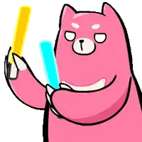 a cartoon drawing of a pink bear holding a light saber