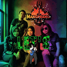 a group of people standing in front of a sign that says mangprang