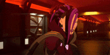 a cartoon character with purple hair is holding a gun in a dark room