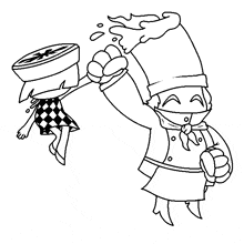 a black and white drawing of a chef holding eggs and a woman holding a bowl .