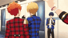 a group of anime characters standing next to each other in a room .