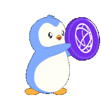 a blue and white penguin is holding a purple coin with a globe on it
