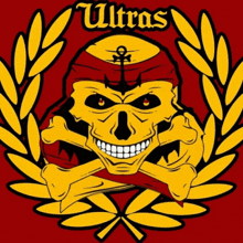 an ultras logo with a skull and crossbones and a laurel wreath