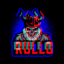 a logo with a skull wearing a horned helmet and the word rullo