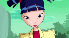 a close up of a cartoon character wearing a yellow jacket and a red shirt .