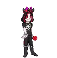 a pixel art drawing of a person wearing a black shirt with a skull on it and red hair .