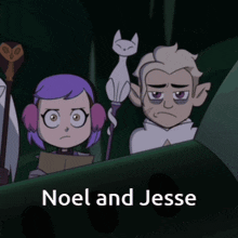 a cartoon of noel and jesse with a cat behind them