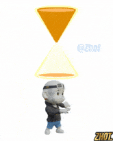 a cartoon character wearing a zhot shirt is standing in front of an hourglass