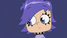 a cartoon girl with purple hair is holding a slice of pizza surrounded by pink hearts