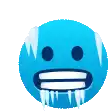 a blue smiley face with ice cubes on it 's face .