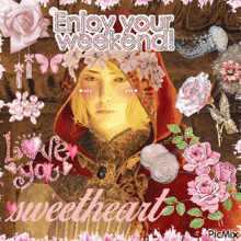 a picture of a woman with flowers in her hair and the words enjoy your weekend