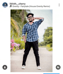 a man in a plaid shirt and black pants is standing in front of a fairytale house erenity remix