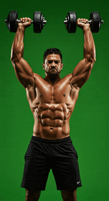 a shirtless muscular man is lifting dumbbells over his head