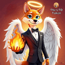 a fox with angel wings is holding a fire in his hand