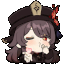 a pixel art drawing of a girl wearing a hat and holding a pink flower .
