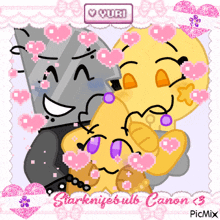a couple of cartoon characters are hugging each other with hearts around them and the words " starknifesub canon < 3 " on the bottom