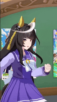 a girl in a purple dress with horns is standing in front of a green wall in a room .