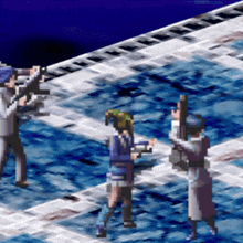 a pixel art of a man holding a gun standing next to a girl