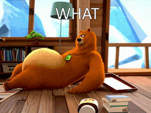 a cartoon bear is laying on a wooden floor with the words what above him