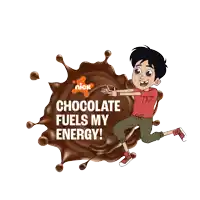 a cartoon boy is jumping in front of a splash of chocolate that says nick chocolate fuels my energy