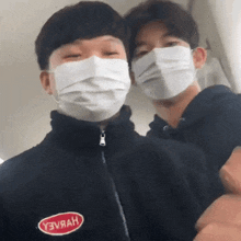 two young men wearing face masks are posing for a picture together .