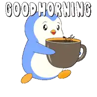 a penguin is holding a cup of coffee with the words good morning written on it