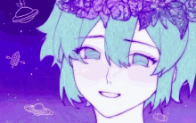 a drawing of a girl with purple hair and a crown of flowers on her head