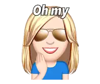 a cartoon of a woman wearing sunglasses and a blue shirt says oh my