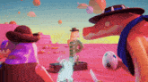 a cartoon scene with a cowboy and a dinosaur