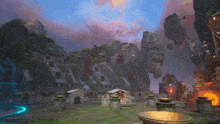 a video game scene with a statue in the foreground and mountains in the background