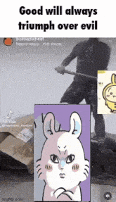 a man is holding a hammer next to a cartoon of a bunny .