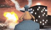 a cartoon character is standing in front of a building with the number 62 written on it