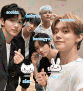 a group of young men posing for a picture with the names soobin taehyun kai and yeonjun