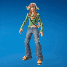a girl in a green sweater and jeans is dancing