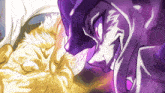 a purple and yellow cartoon character with a purple face