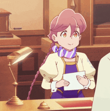 a girl with pink hair and a purple scarf is holding a piece of paper