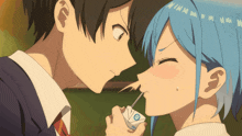 a boy and a girl are looking at each other and the girl is holding a box that says ' yogurt '