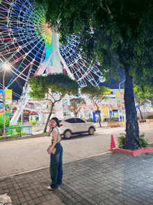 a woman stands in front of a ferris wheel at a carnival