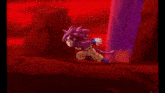 a cartoon character is running in a dark room with a purple background .