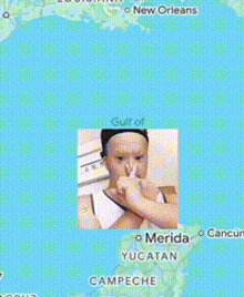 a map of the gulf of mexico with a picture of a person 's face on it