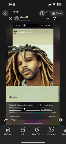 a phone screen shows a picture of a man with dreadlocks named manim