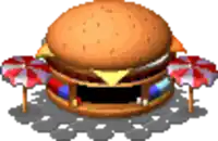 a pixel art illustration of a hamburger with umbrellas around it .